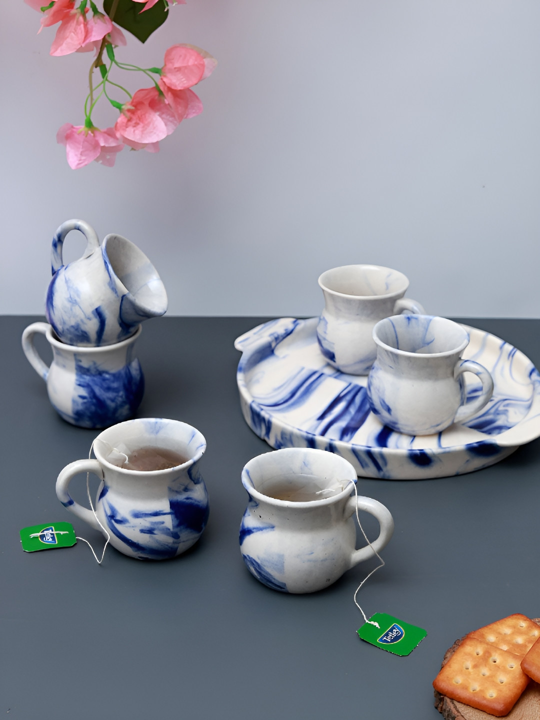 Unravel India Blue Abstract Ceramic Microwave Safe 6 Piece Cup with Tray-110ml