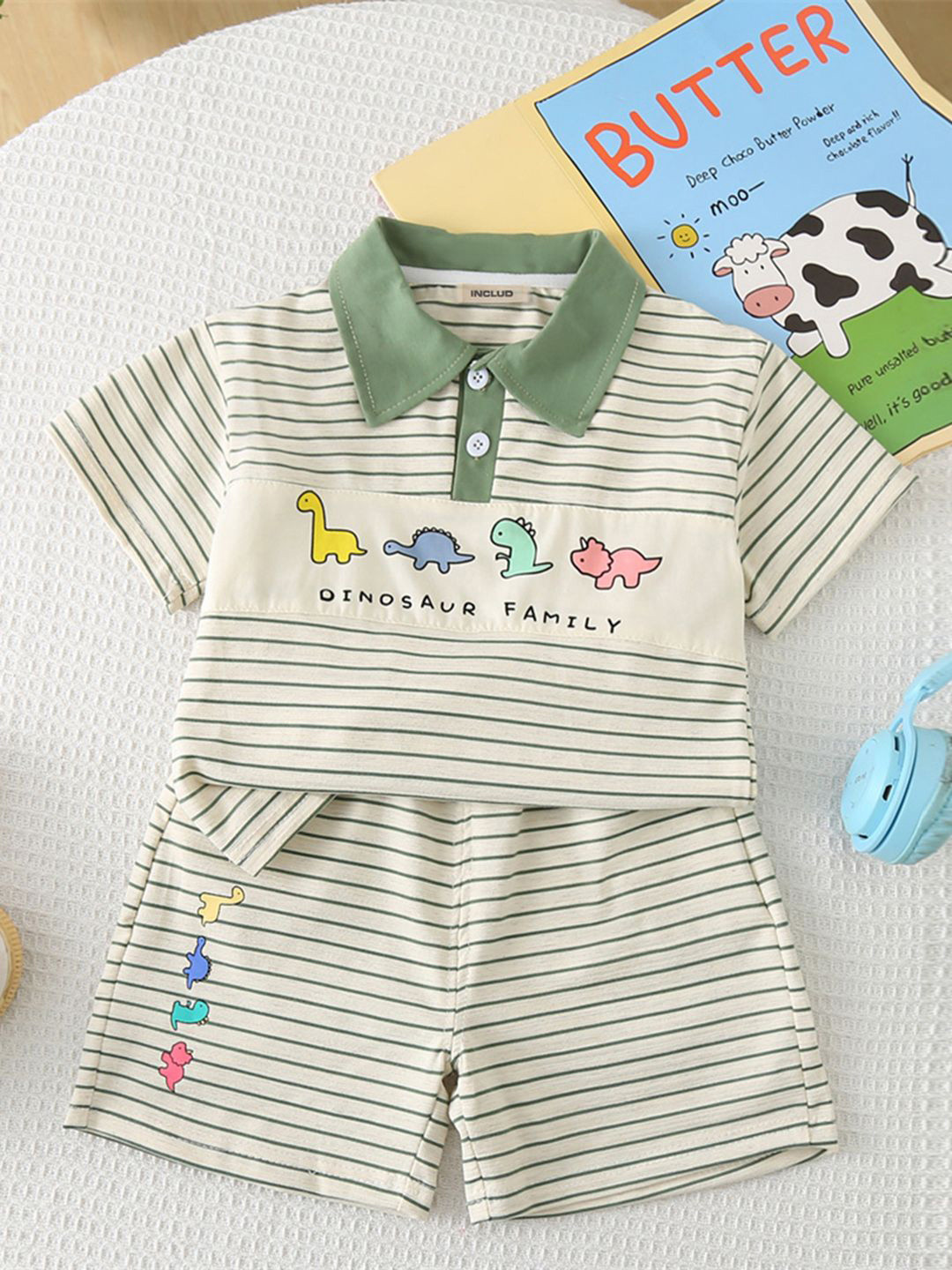 INCLUD Boys Striped Dinosaur Polo Collar T-shirt With Shorts