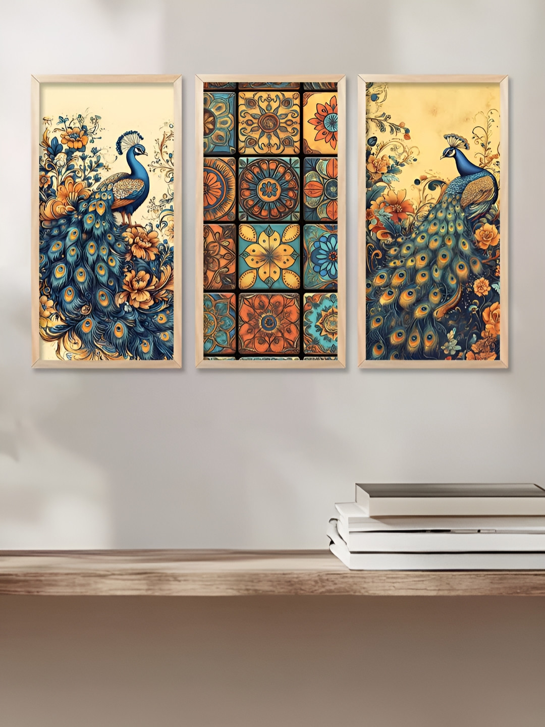 WALLLANE Brown & Navy Blue 3 Pieces Birds and Animals Traditional Printed Wooden Wall Art