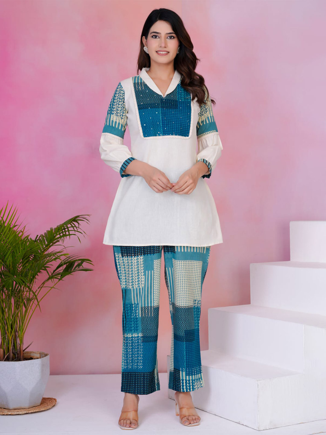 AUTUMN LANE Rashmika Ocean Printed Pure Cotton Tunic & Trousers Co-Ords