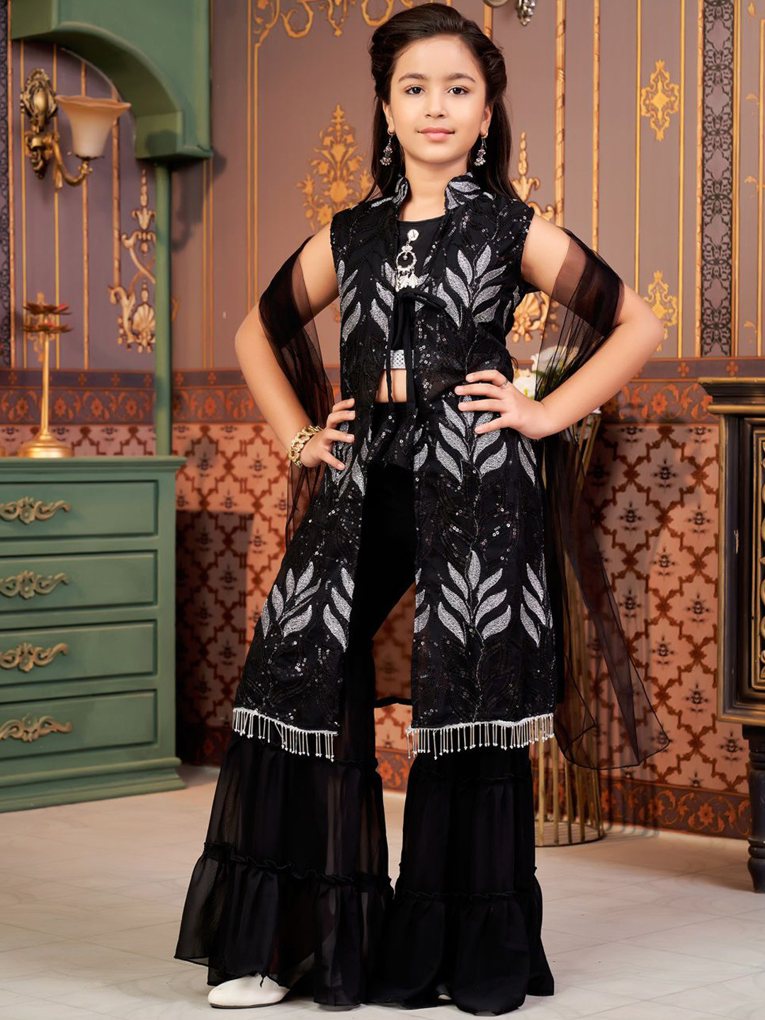 BAESD Girls Sequinnce Embellished Georgette Mandarin Collar Kurta iWth Sharara & Dupatta