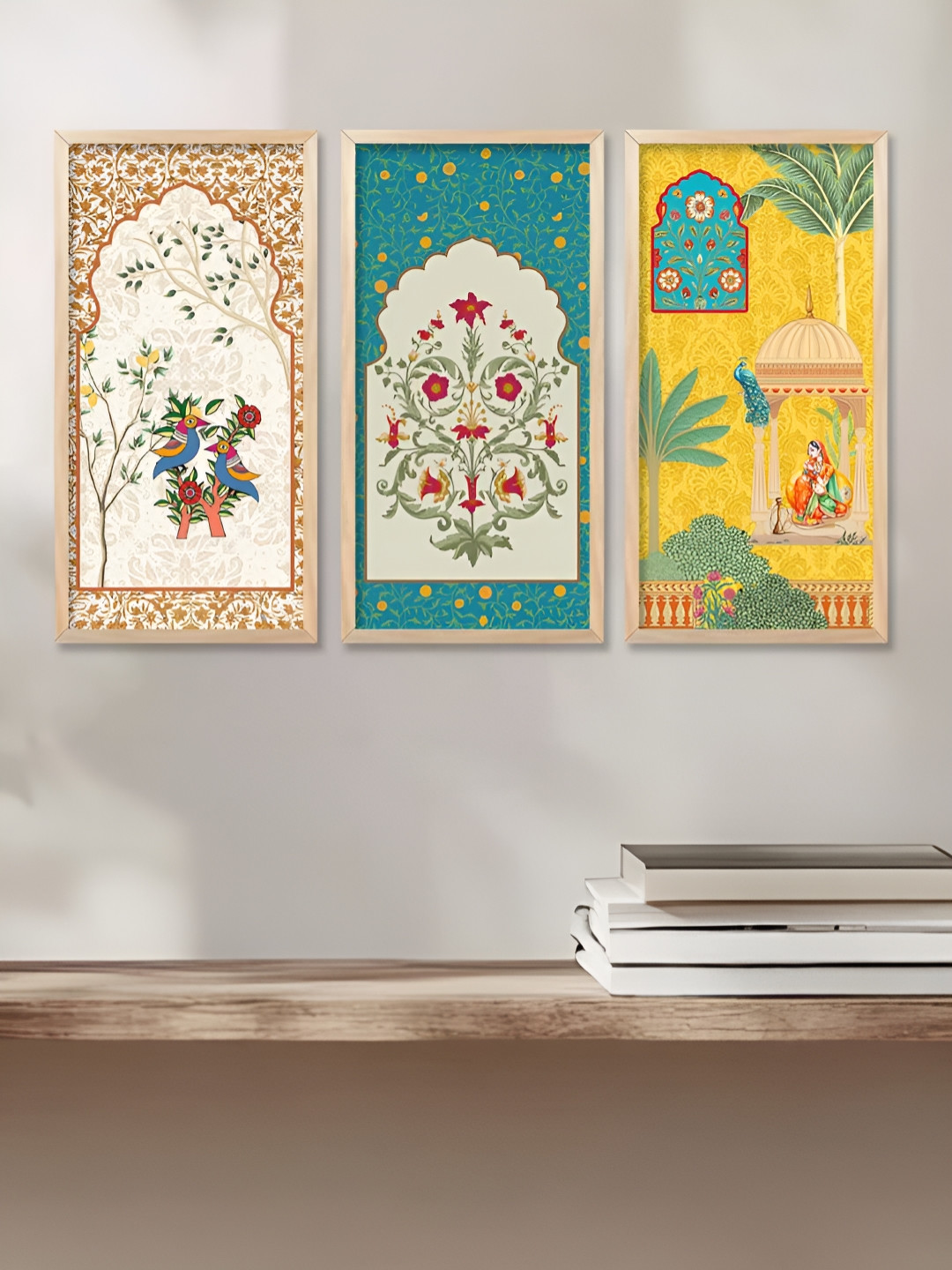 WALLLANE Blue & Yellow 3 Pieces Floral and Botanical Traditional Printed Wooden Wall Art
