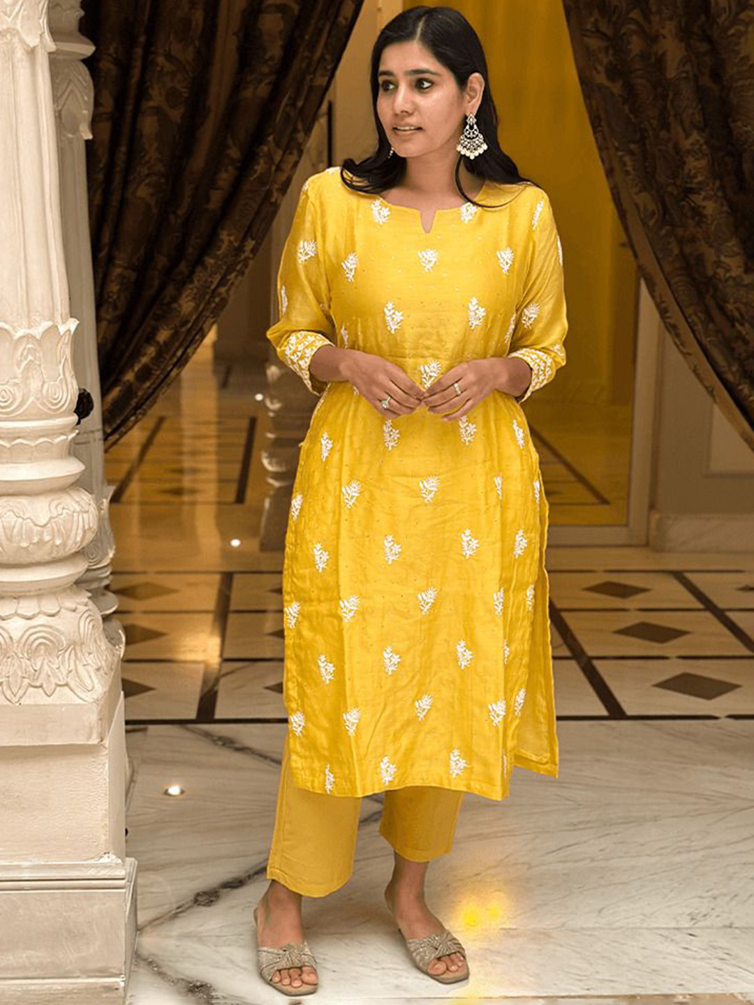 GULABI DORI FLoral Embroidered Notch Neck Stone Work Pure Cotton Straight Kurta & Trouser