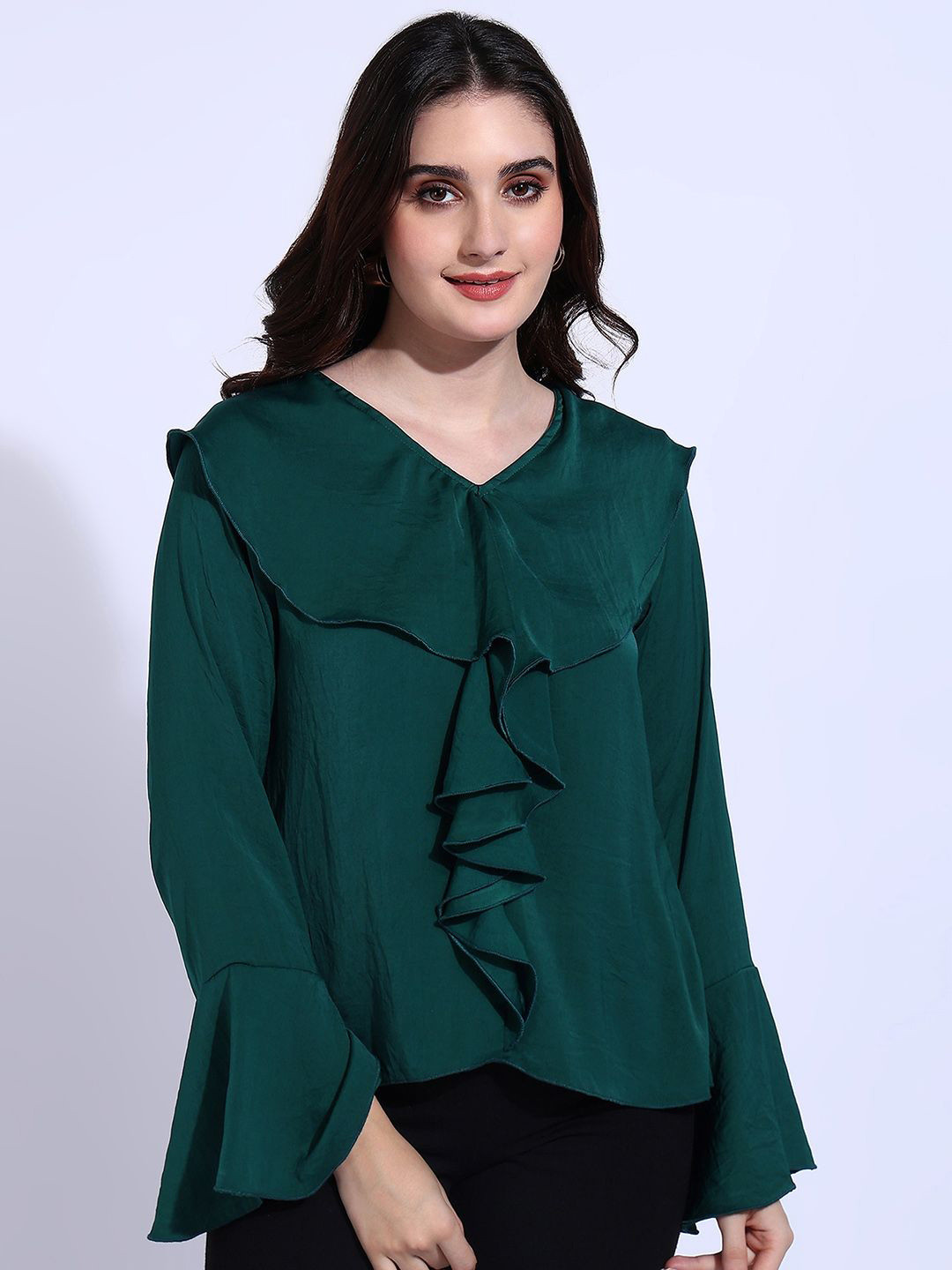 Murcia Women's Teal Solid Printed Bell Sleeve with Ruffles Satin Top