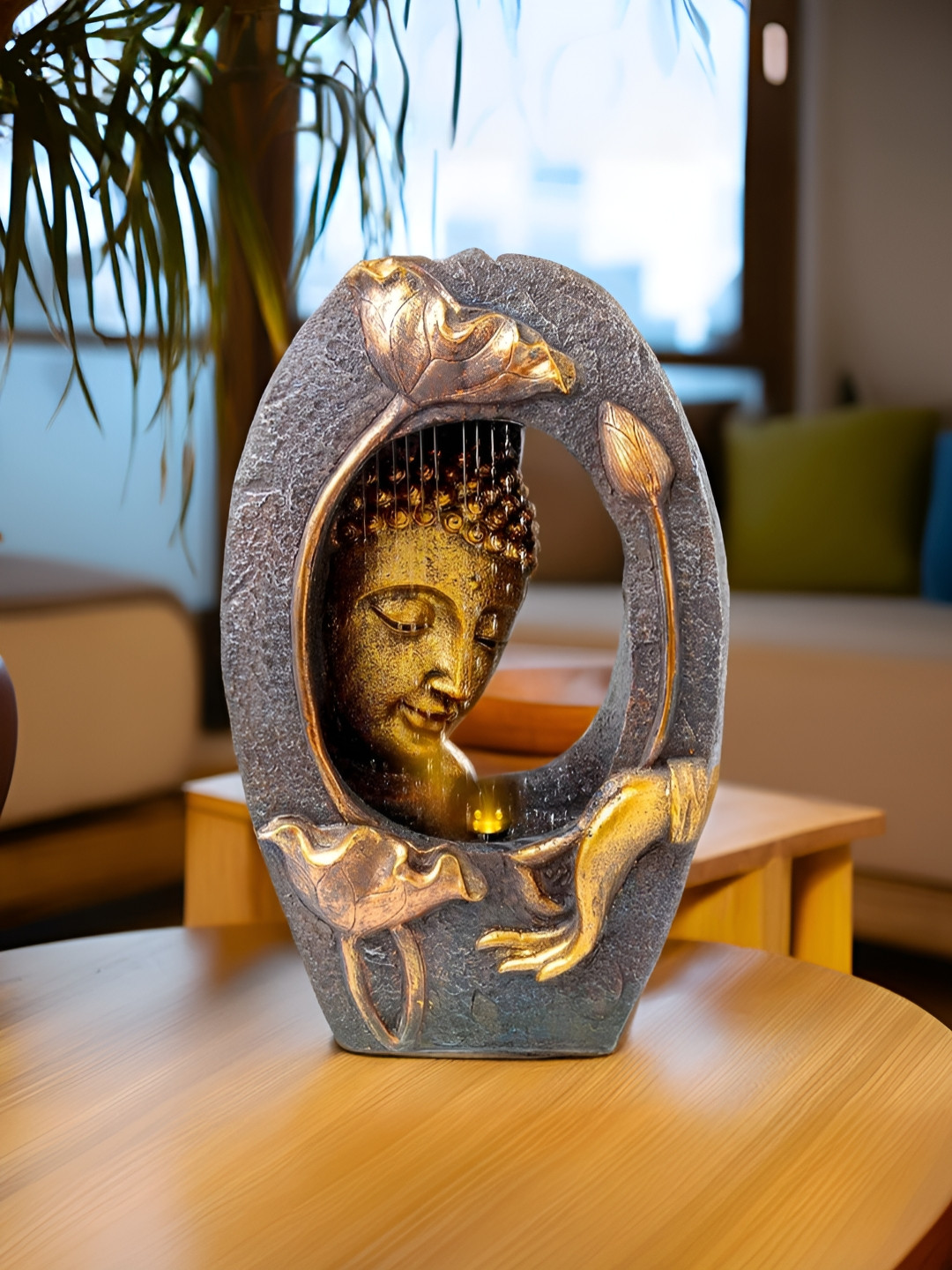 The Better Home Grey & Gold-Toned Buddha Water Fountain For Home Decor - 49.5 cm