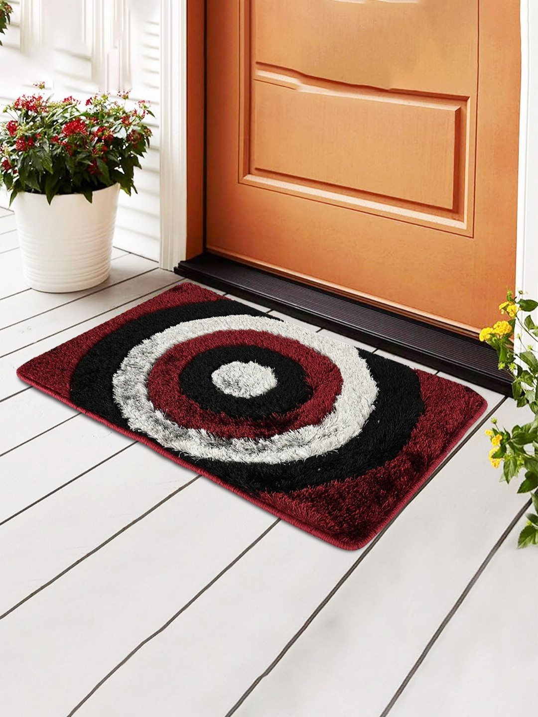 Aura Grey & Maroon Furry Door Mats for Home Entrance & Kitchen Floor Anti-Skid Doormats