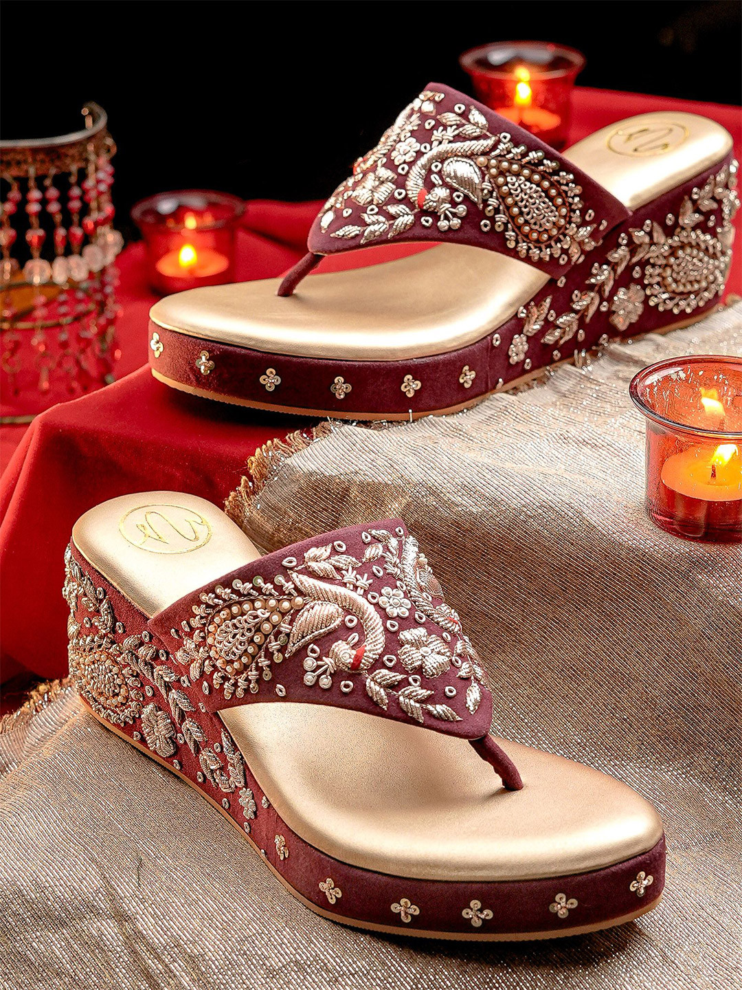 NR By Nidhi Rathi Women Marron Embellished Velvet Ethnic Wedge Heels Sandals