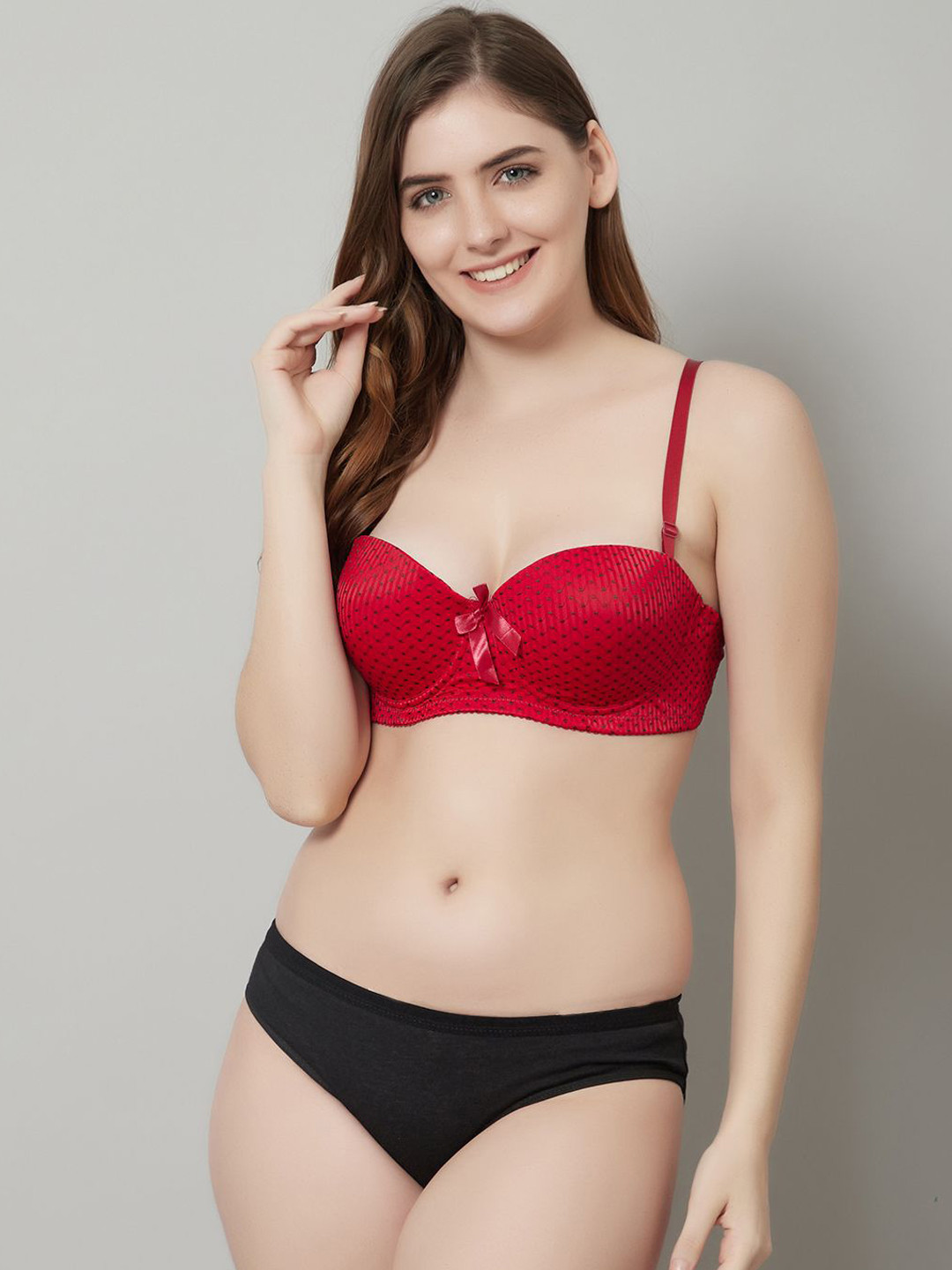 Quttos Women Polka Print Lightly Padded Lingerie Set QT-SET-6088-RED-30C