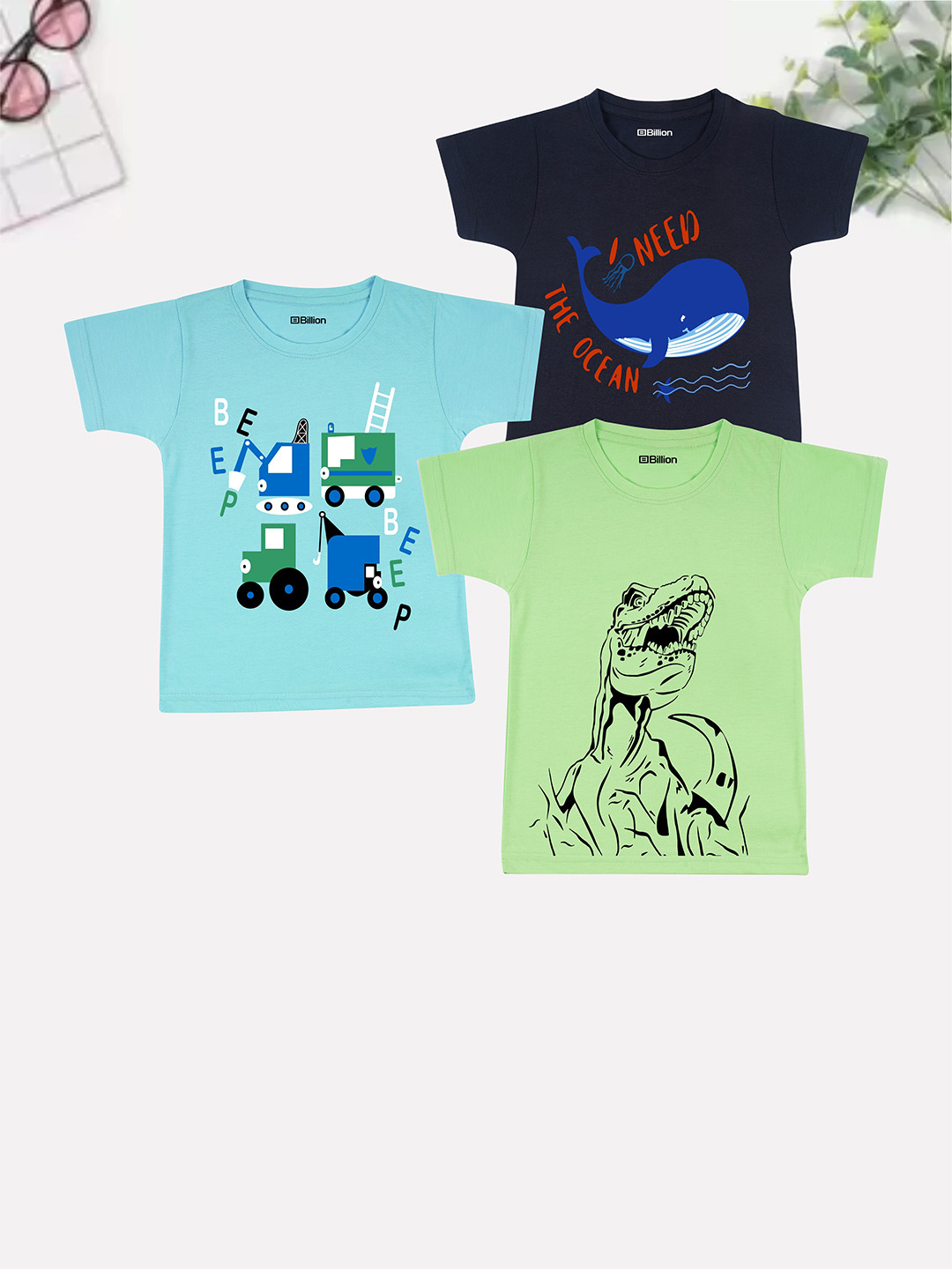 Billion Boys Pack of 3 Bio Finish Graphic Printed Round Neck Cotton T-shirts
