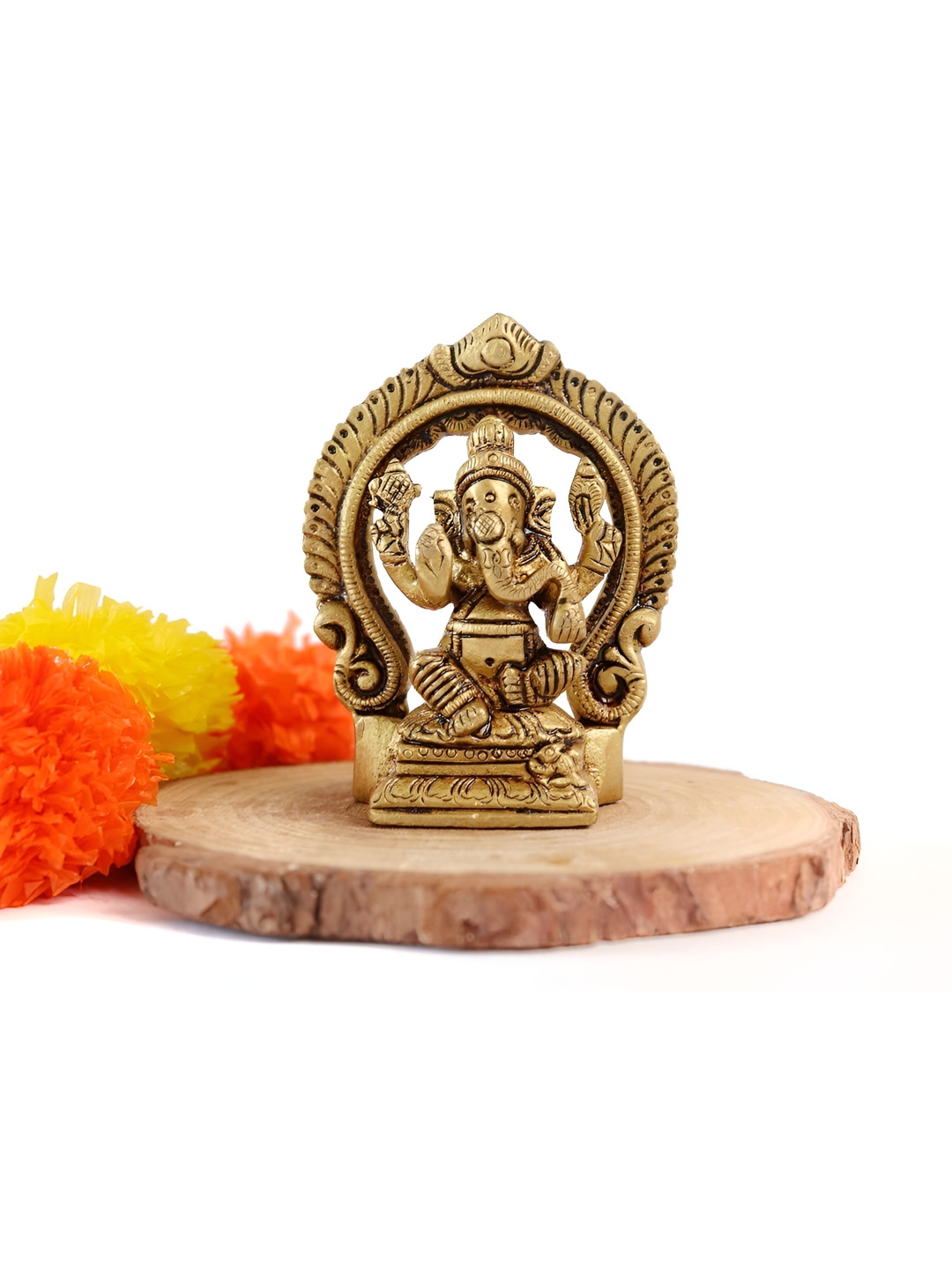 The Spiritual Living Lord Ganesh Ji with Singhsan Gold Brass Metallic Prayer Room Small Showpiece -
