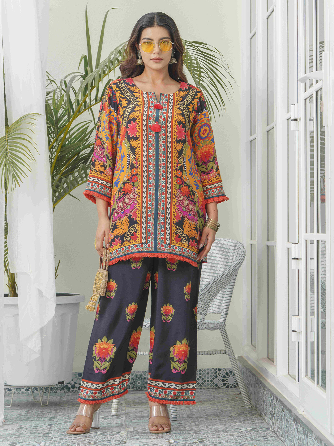 Sangria Traditional Printed Round Neck Tunic & Trousers Co-Ords
