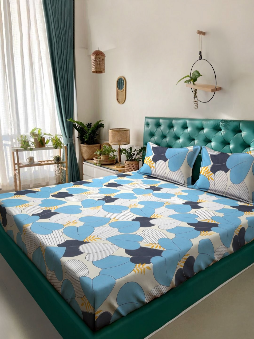 Myntra Elegant Homes Bold Boho Blue Conversational Polycotton 300 TC King Fine Bedsheet with 2 Pillow Covers-98 x 89 inches