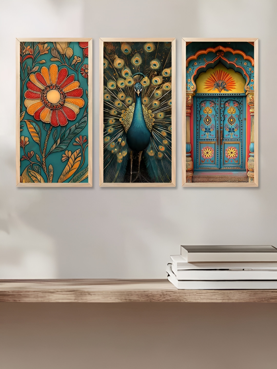 WALLLANE Brown Wood 3 Pcs Wall Bedroom Rectangle Paintings Wall Art -19.29 x 10.24In