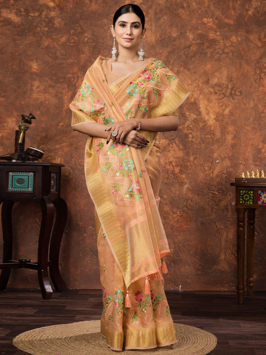 Saree mall Women Orange Tissue Woven Design Saree