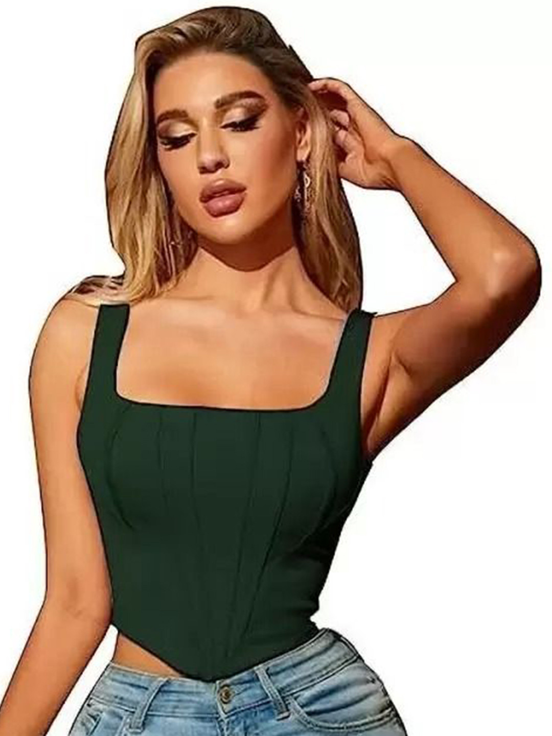 Projas Women Solid Square Neck No Sleeves Fitted Crop Top