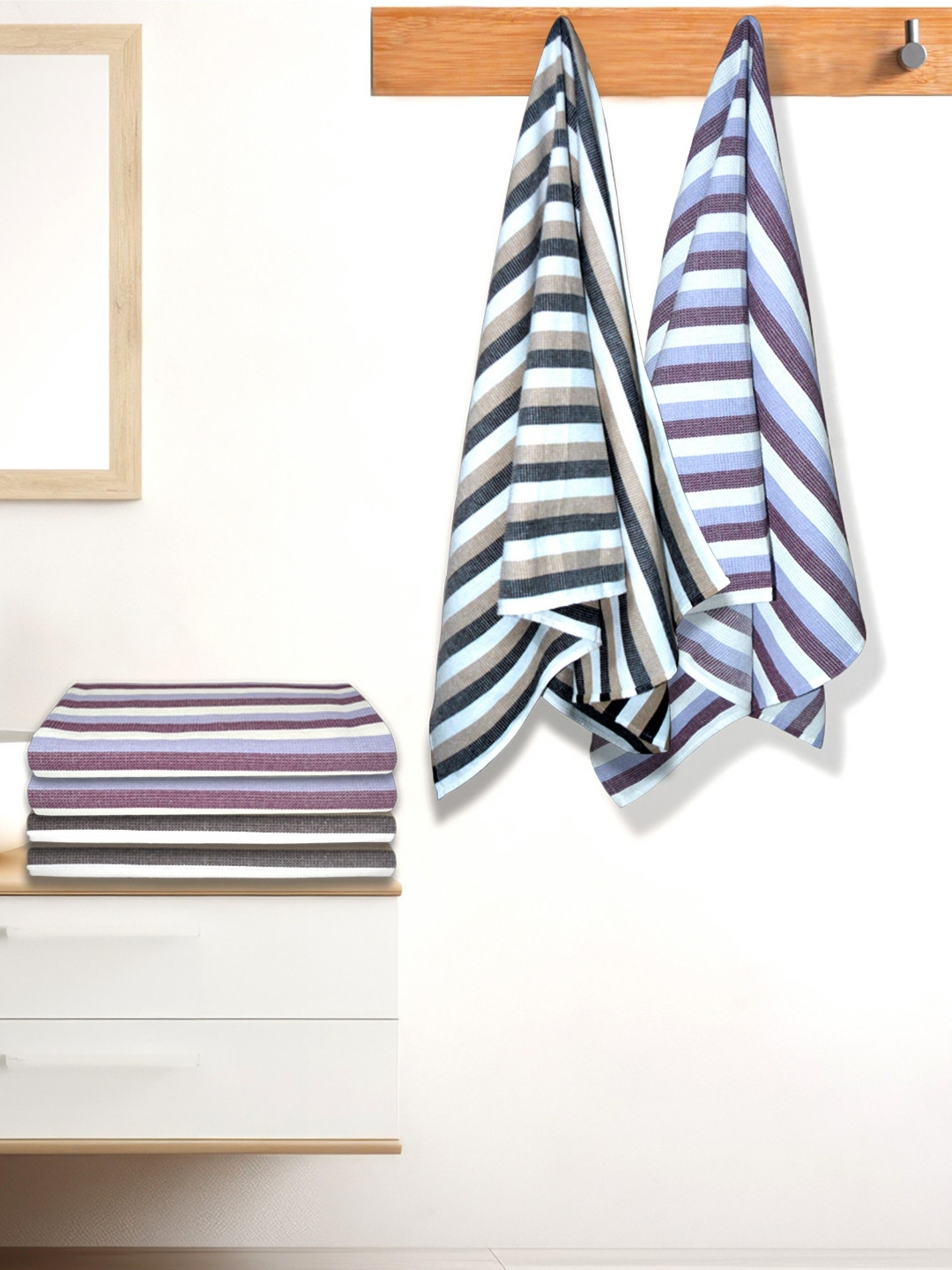 Athom Living Grey & Violet 6 Pieces Striped Cotton 210 GSM Bath Towels