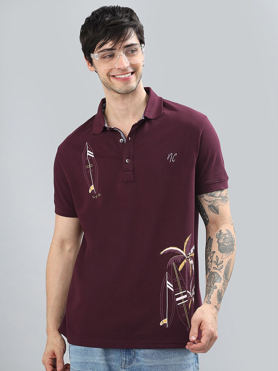 NEON CHILLIE Men Floral Printed Polo Collar Cotton Relaxed Fit Regular Fit T-shirt