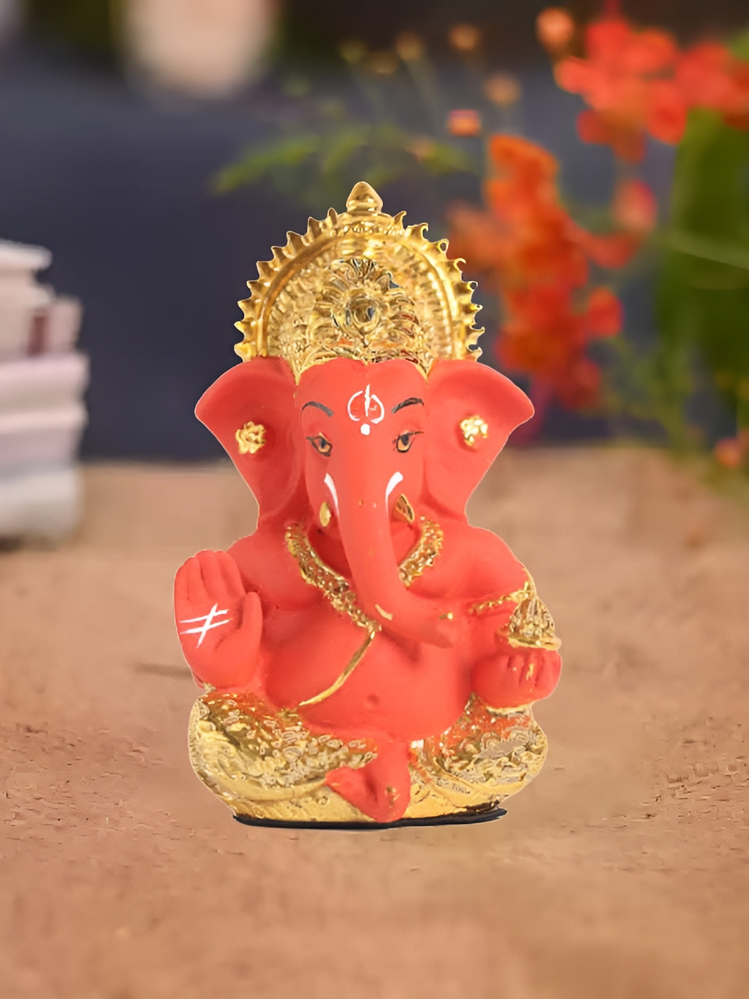 The Spiritual Living Ganesh Ji Orange Ceramic Natural Prayer Room Small Showpiece - 3.5 Inches