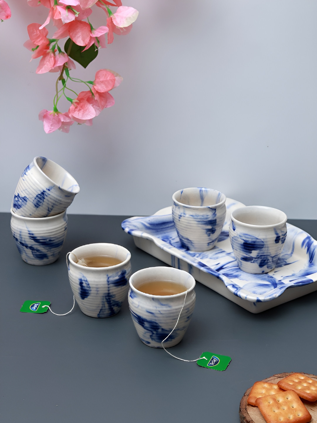 Unravel India Blue Abstract Ceramic Microwave Safe 6 Piece Kulhad with Tray-110ml