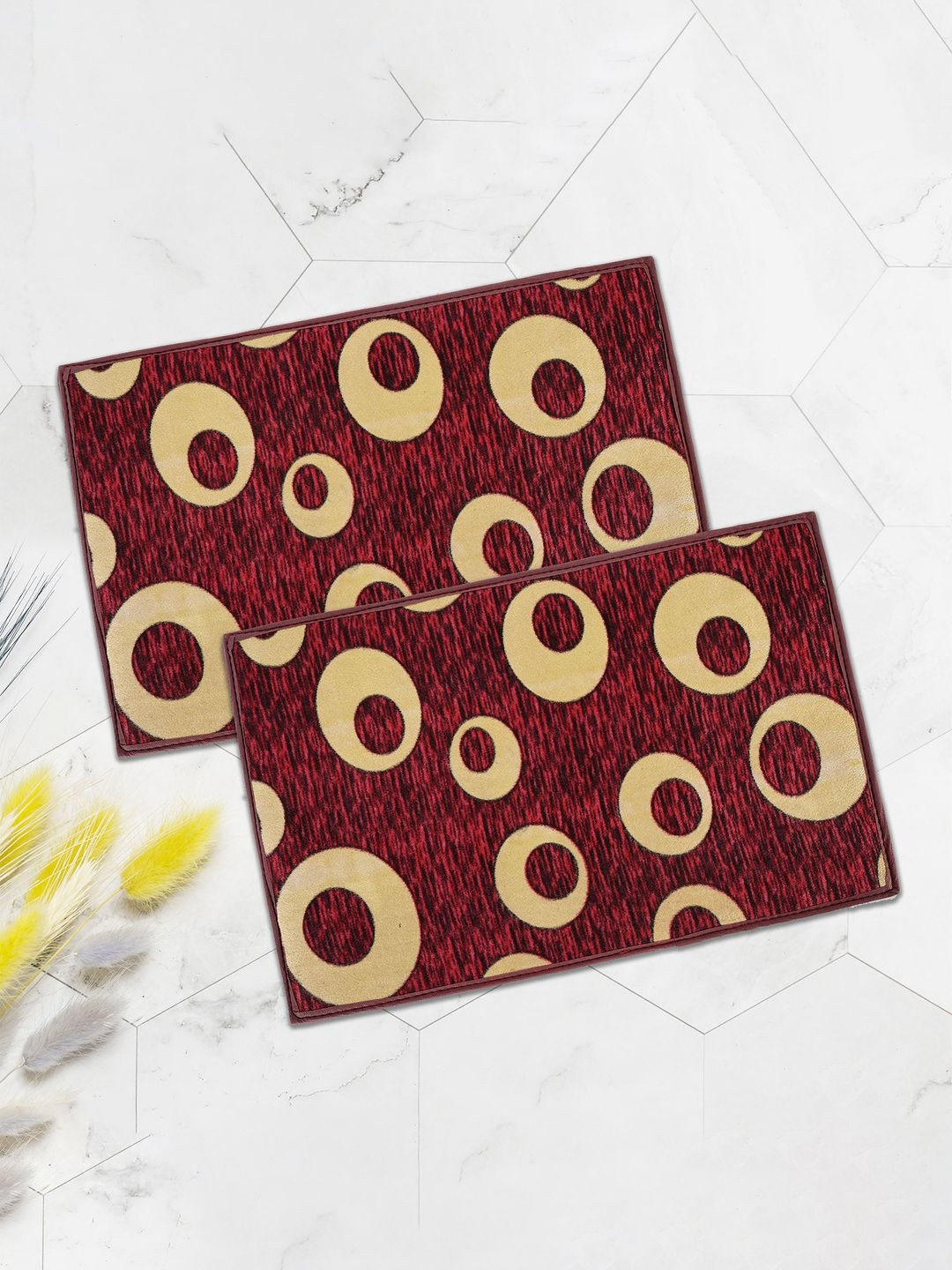 Aura 2Pcs Brown & Red Circles Design Patterned Cotton Anti-Skid Doormats