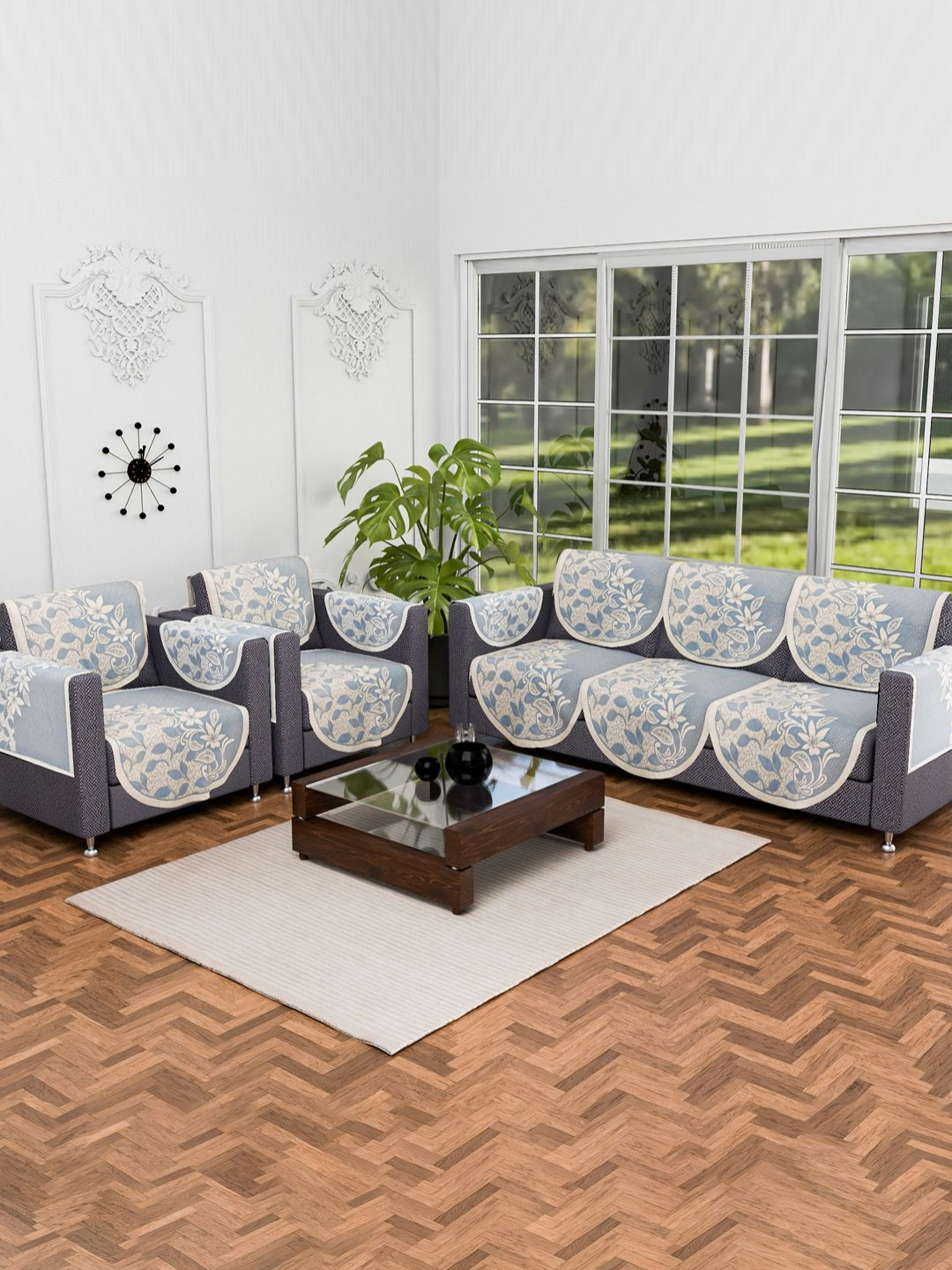 Aura Grey & White Floral Self Design 16 Pieces 5 Seater Cotton Sofa Cover