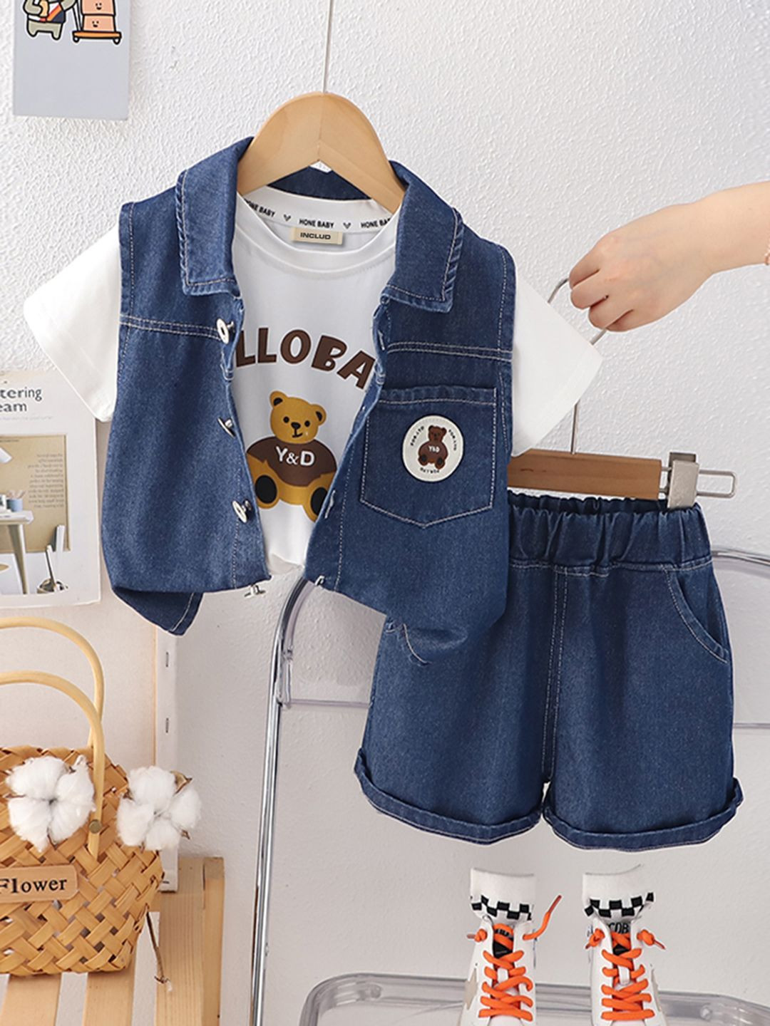 INCLUD Boys Teddy Printed T-shirt With Shorts And Waistcoat