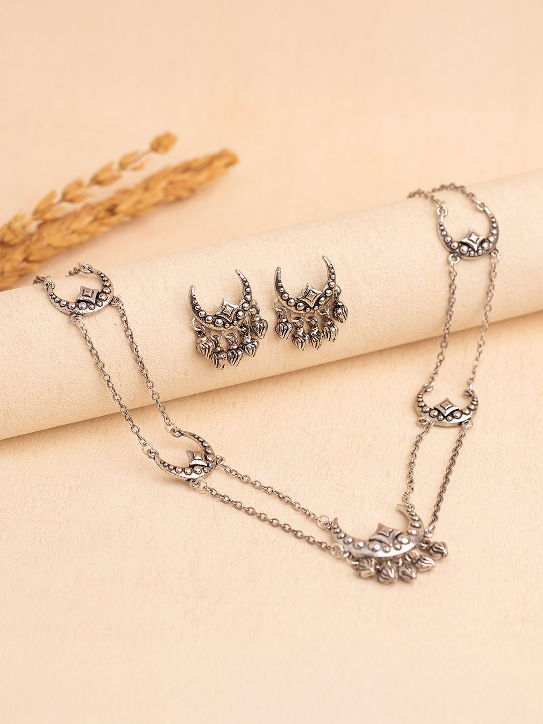 Voylla Boho Tribe Celestial Drop Oxidised Choker Necklace Set