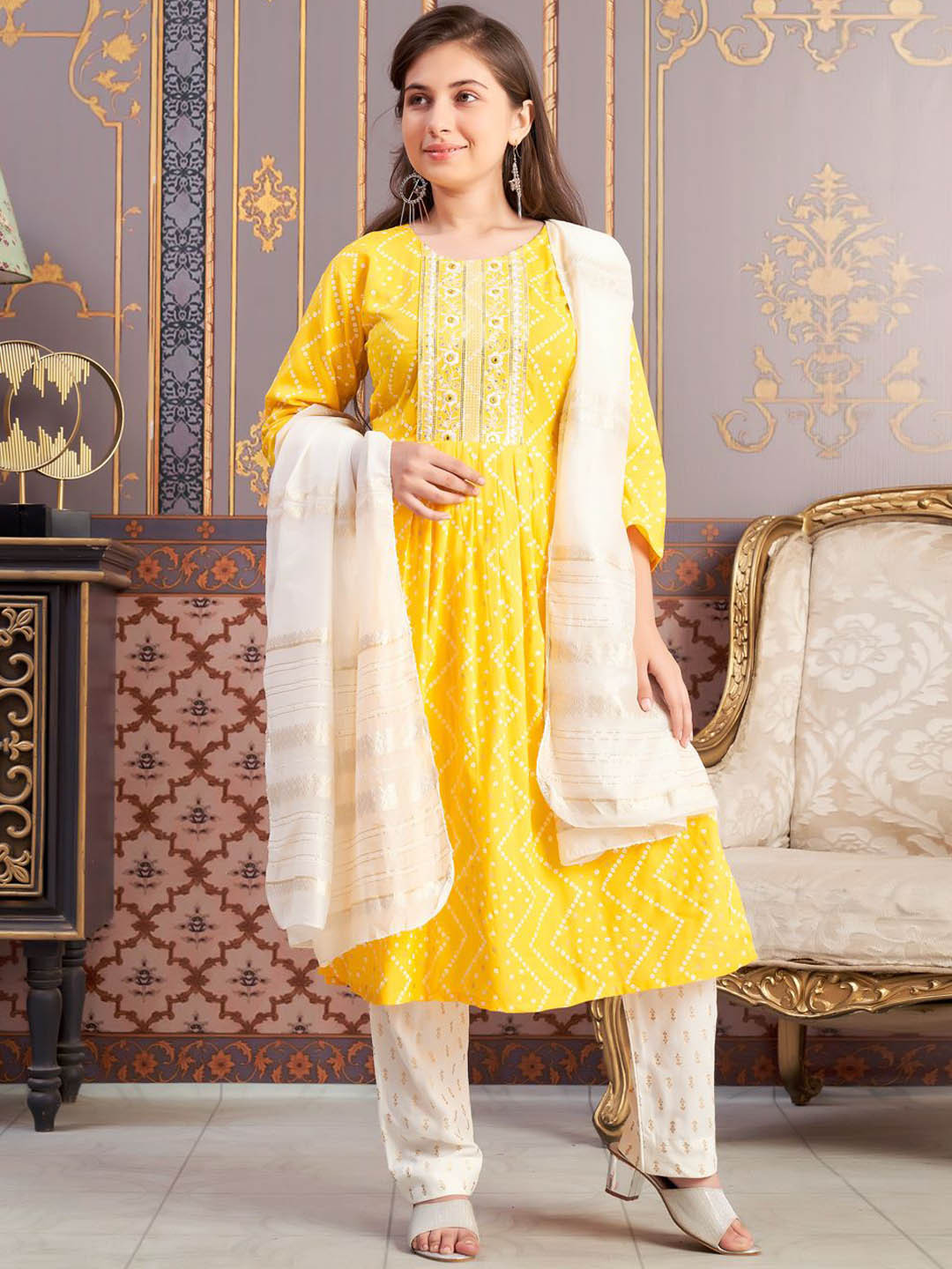 Sangria Girls Bandhani Printed Round Neck Thread Work Pleated A-Line Kurta