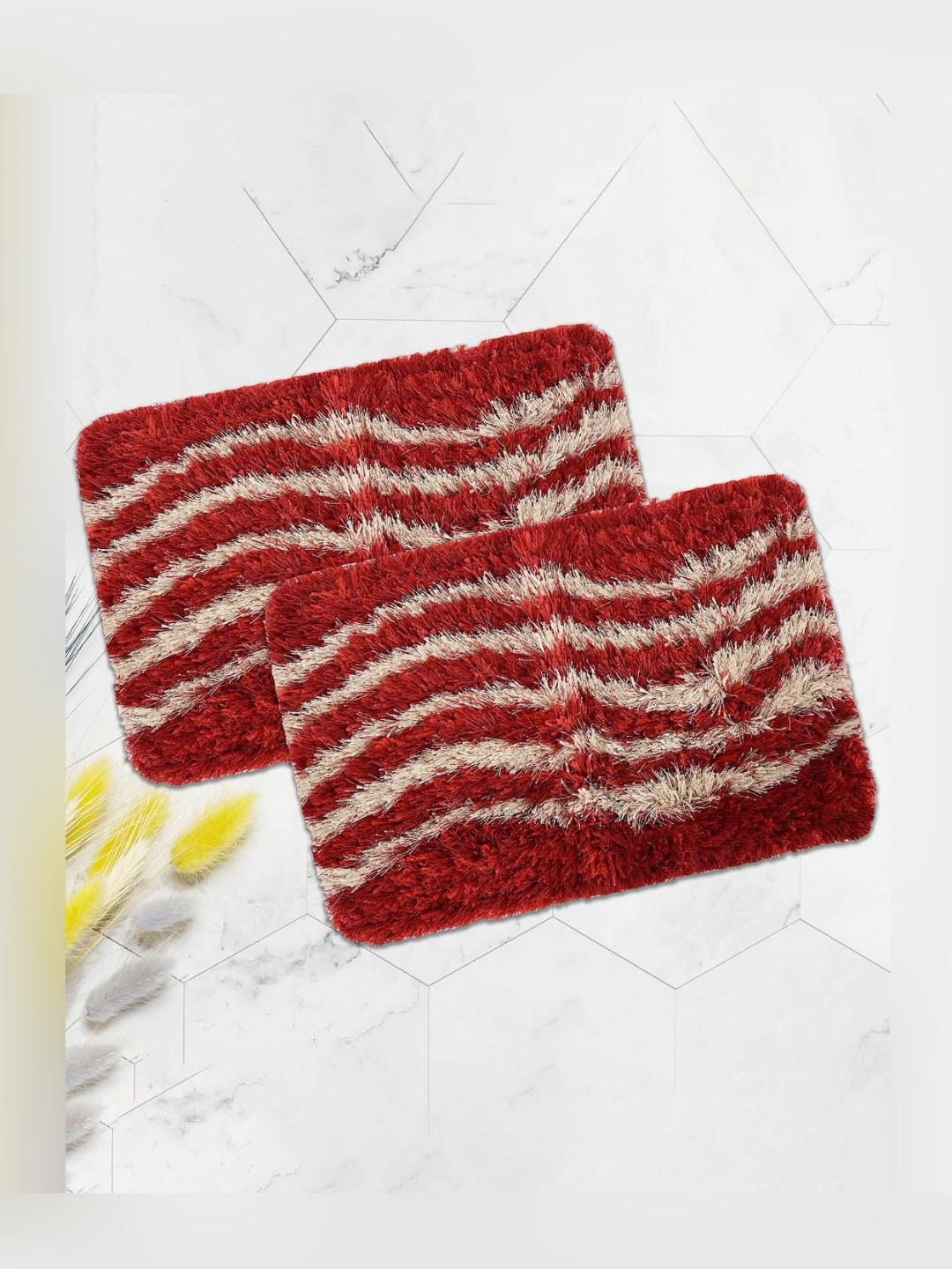Aura 2 Pieces Red & Beige Patterned Velvet Anti-Skid Doormats