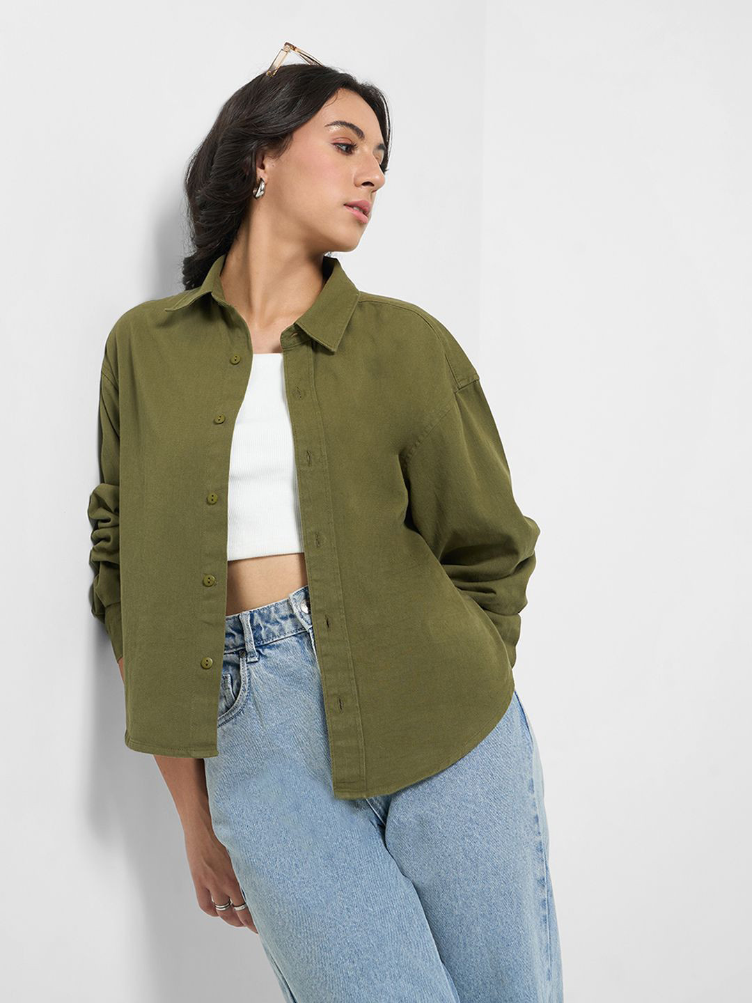 People Women Spread Collar Solid Cotton Casual Shirt