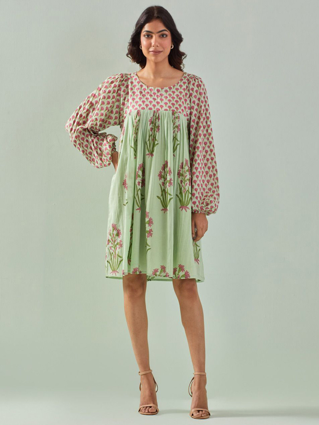 TARA-C-TARA Floral Printed Cotton Knee Length A-Line Dress