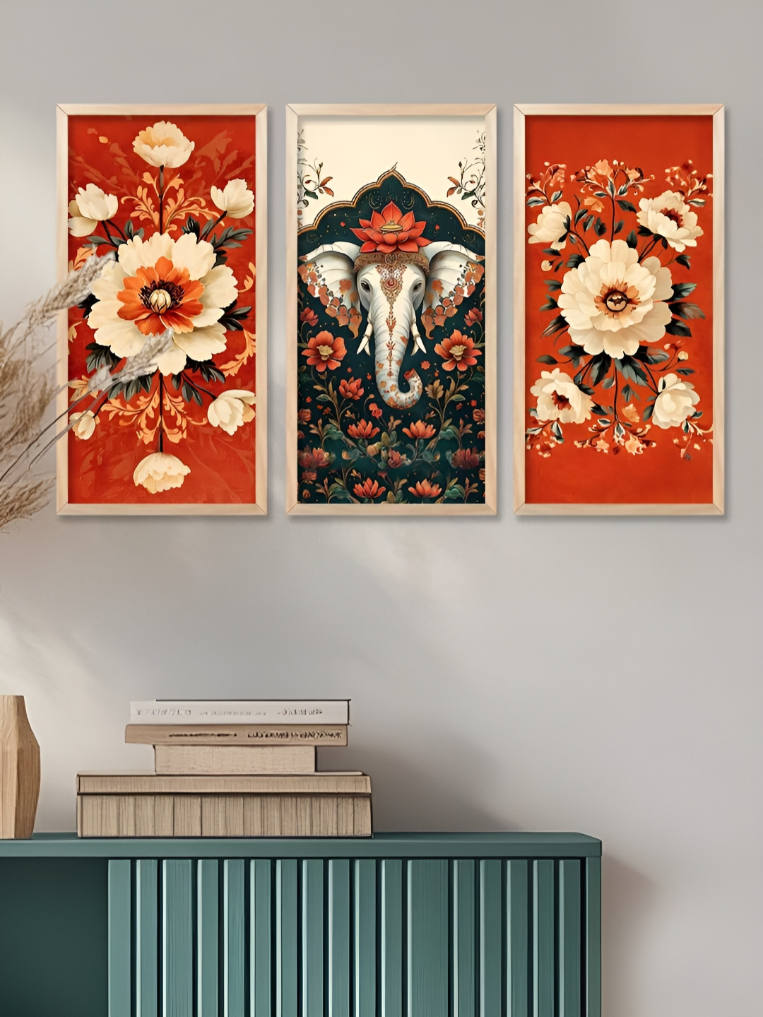 WALLLANE Red & Off White 3 Pieces Birds and Animals Traditional Printed Wooden Wall Art