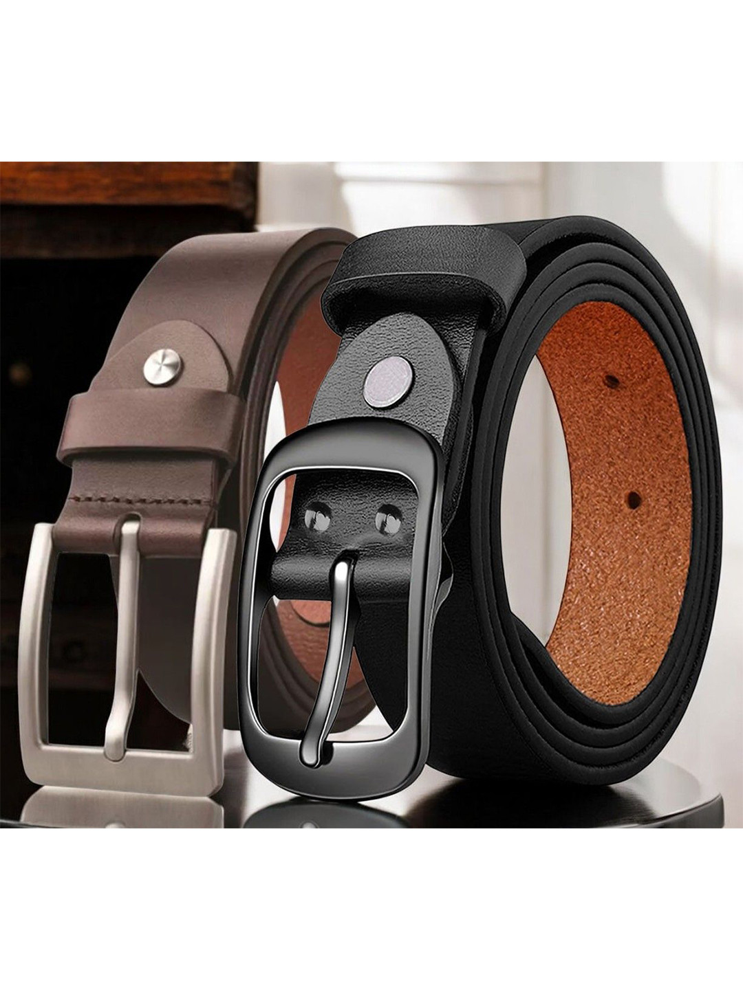 Roadster BELT Men Set Of 2 Textured  Leather Formal Belts