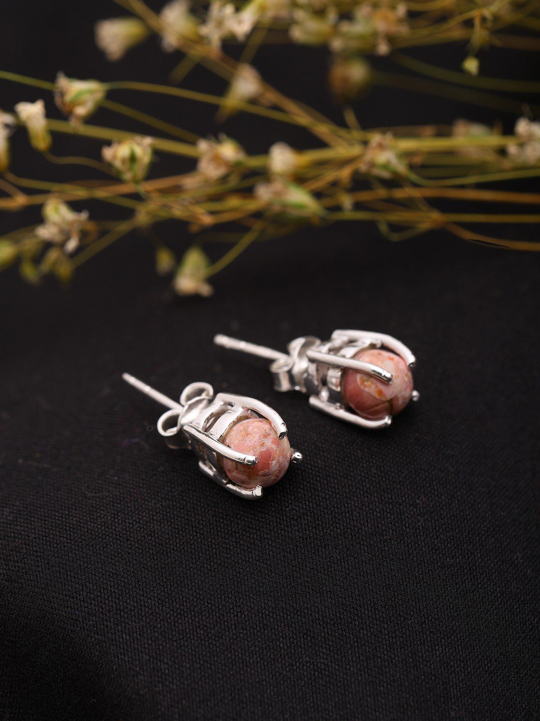 Exotic India Sterling Silver Round Shape Cabochon Pink Turquoise Studs