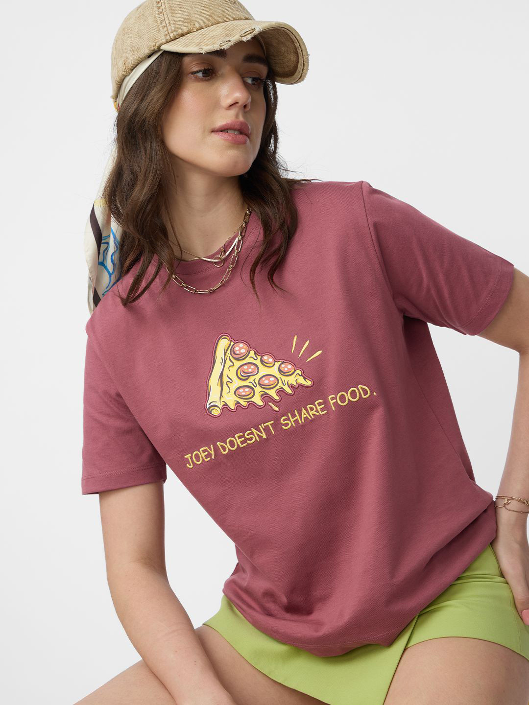 The Souled Store Official Women FRIENDS: Joey's Pizza Pink Relaxed Fit T-Shirts