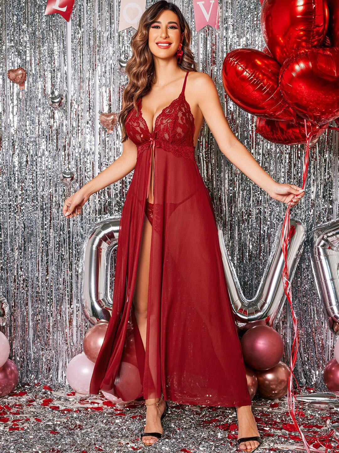 SECRETS BY ZEROKAATA Sheer Solid Long Nightwear Baby Doll Lingerie for Women