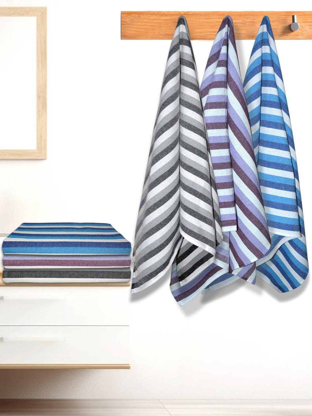 Athom Living Iris Violet & Blue 6 Pieces Striped Cotton 210 GSM Bath Towels
