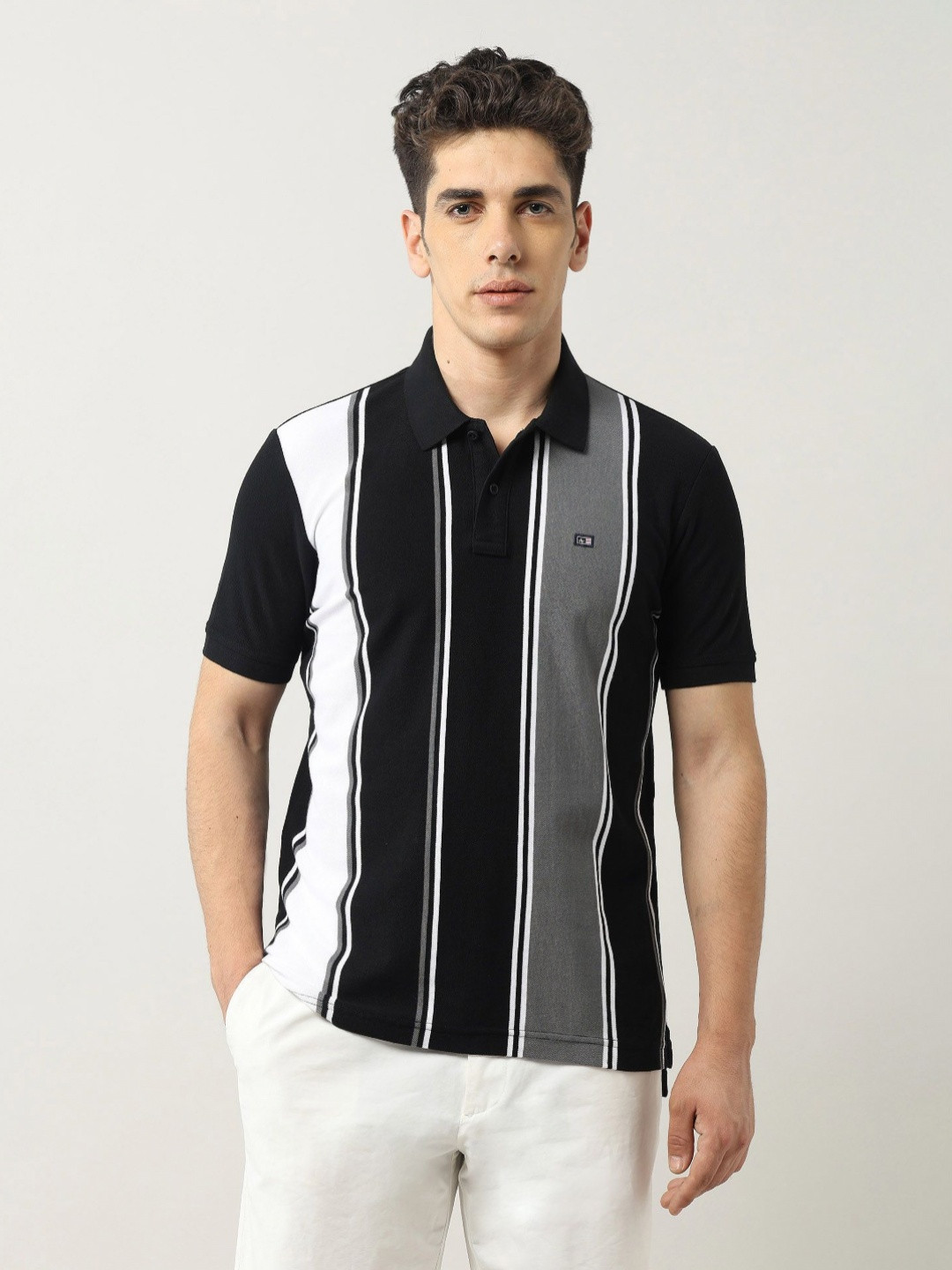 Arrow Sport Men Vertical Striped Regular Fit Polo Collar Cotton T-shirt