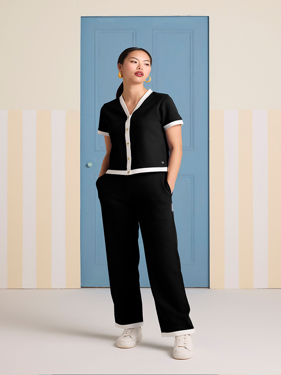 Muvazo V Neck Shirt With On-the-Go Trousers Co-Ords