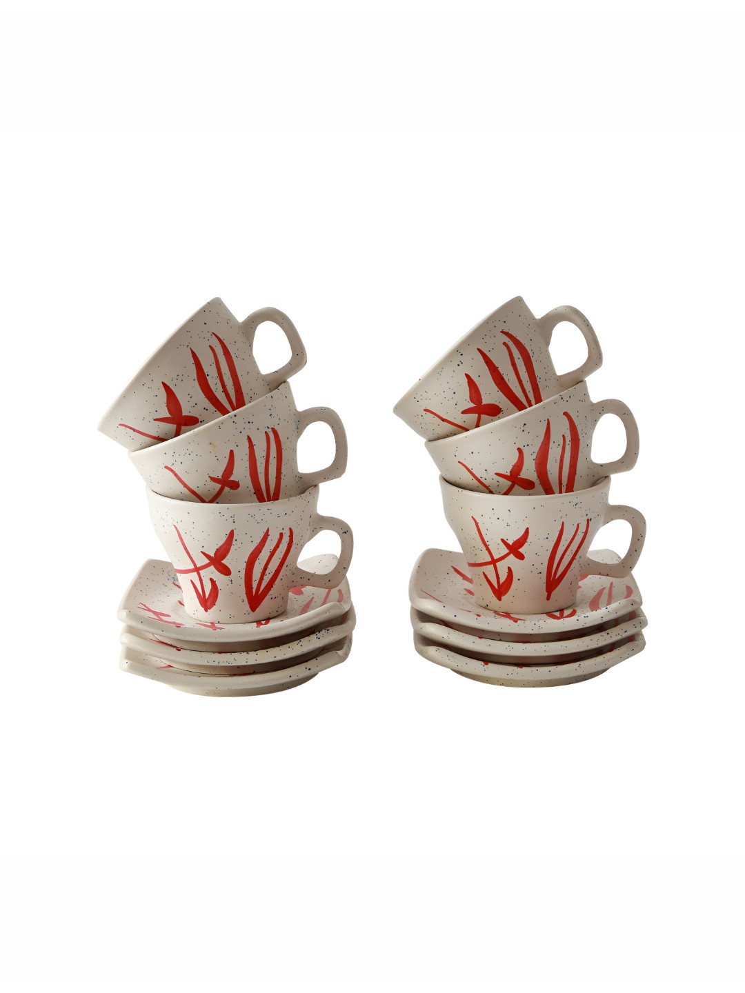 Unravel India White Leaf Ceramic Handmade 6 Piece Mugs with 6 Saucers-150ml