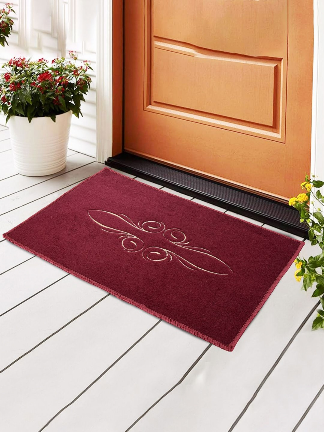 Aura Maroon & Beige Embroidered Microfibre Anti-Skid Doormats