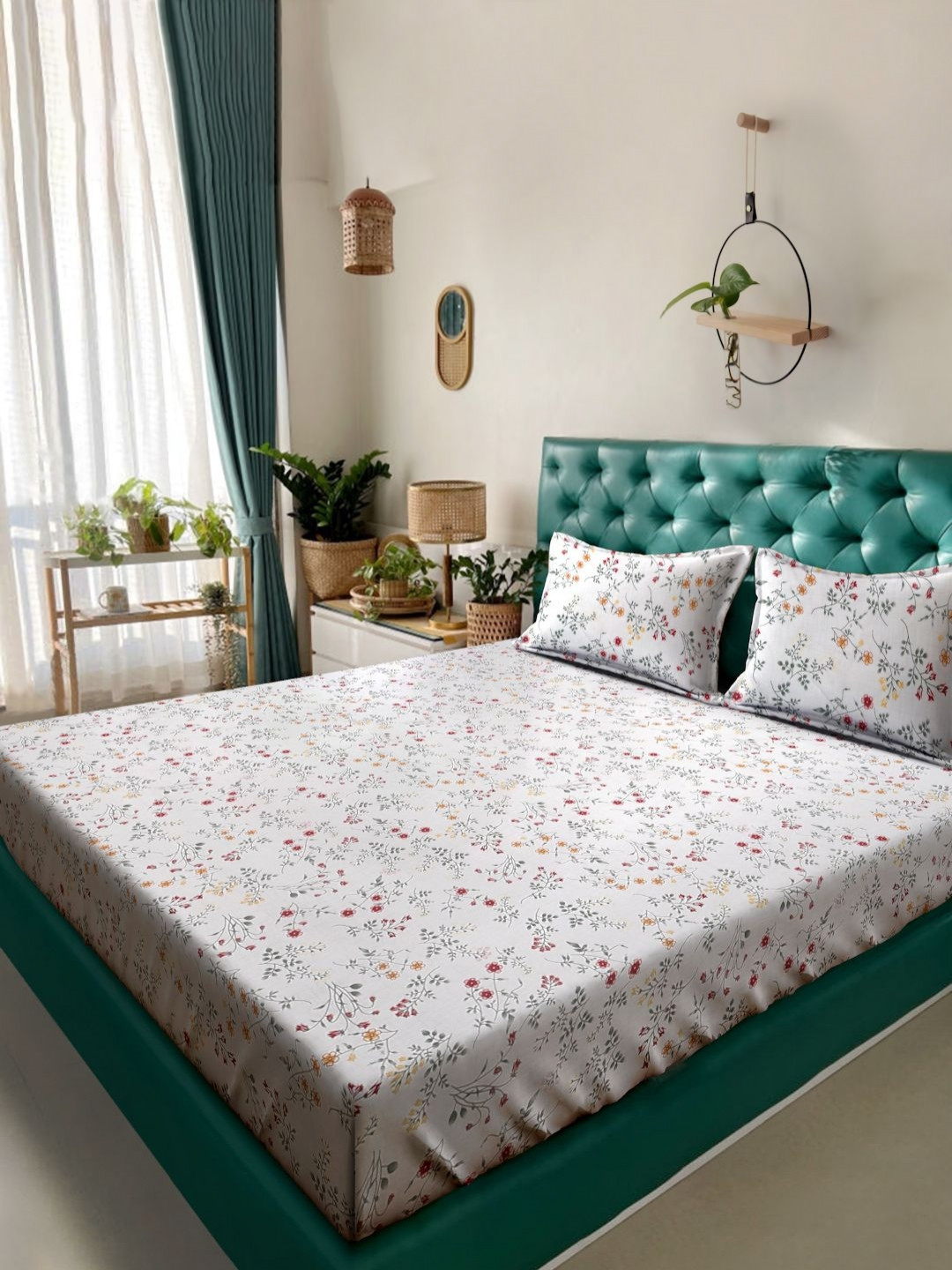 Myntra Elegant Homes Off White Floral Polycotton 300 TC King Fine Bedsheet with 2 Pillow Covers-106 x 106 inches