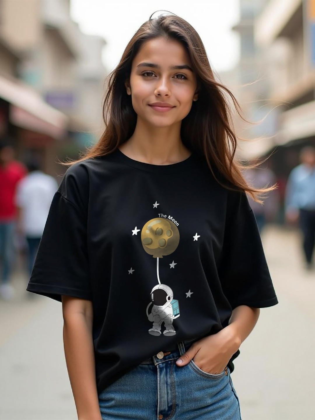 TOGS & TERRE Women Graphic Printed Round Neck Cotton Oversized T-shirt