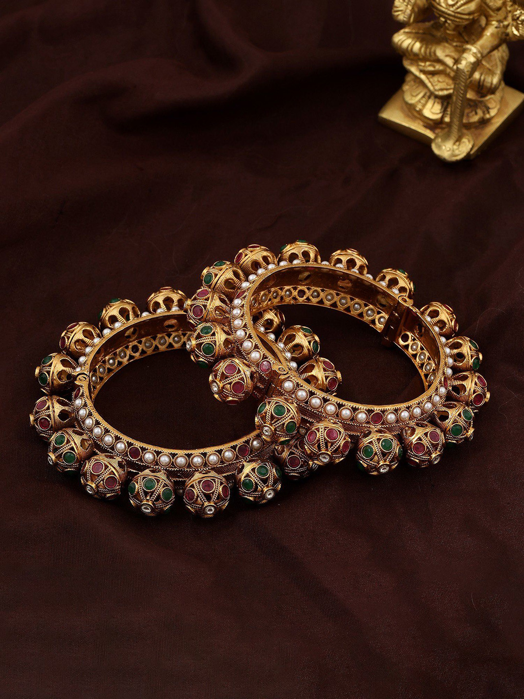 Exotic India Set Of 2 Gold-Plated Rajwadi Style Stone Studded Screw Openable Bangles