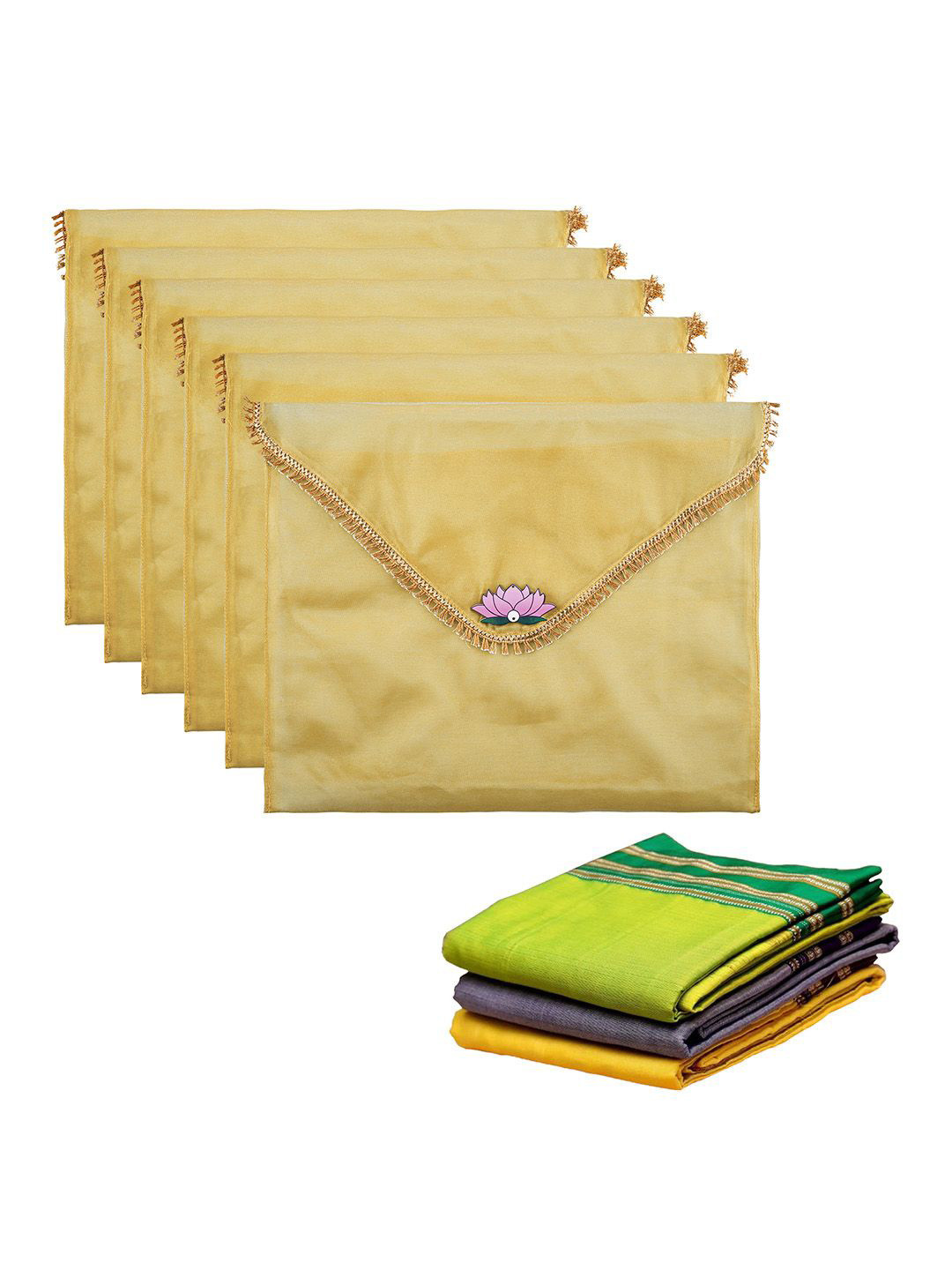 Kuber Industries Gold-Toned 6 Pieces Organza Multi-Utility Organisers With Flap Closure