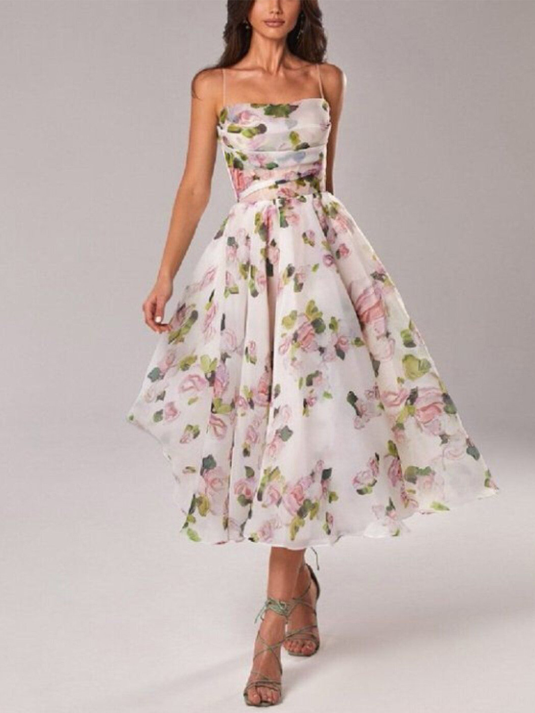 bebe Floral Print Draped Bodice Fit & Flare Midi Dress