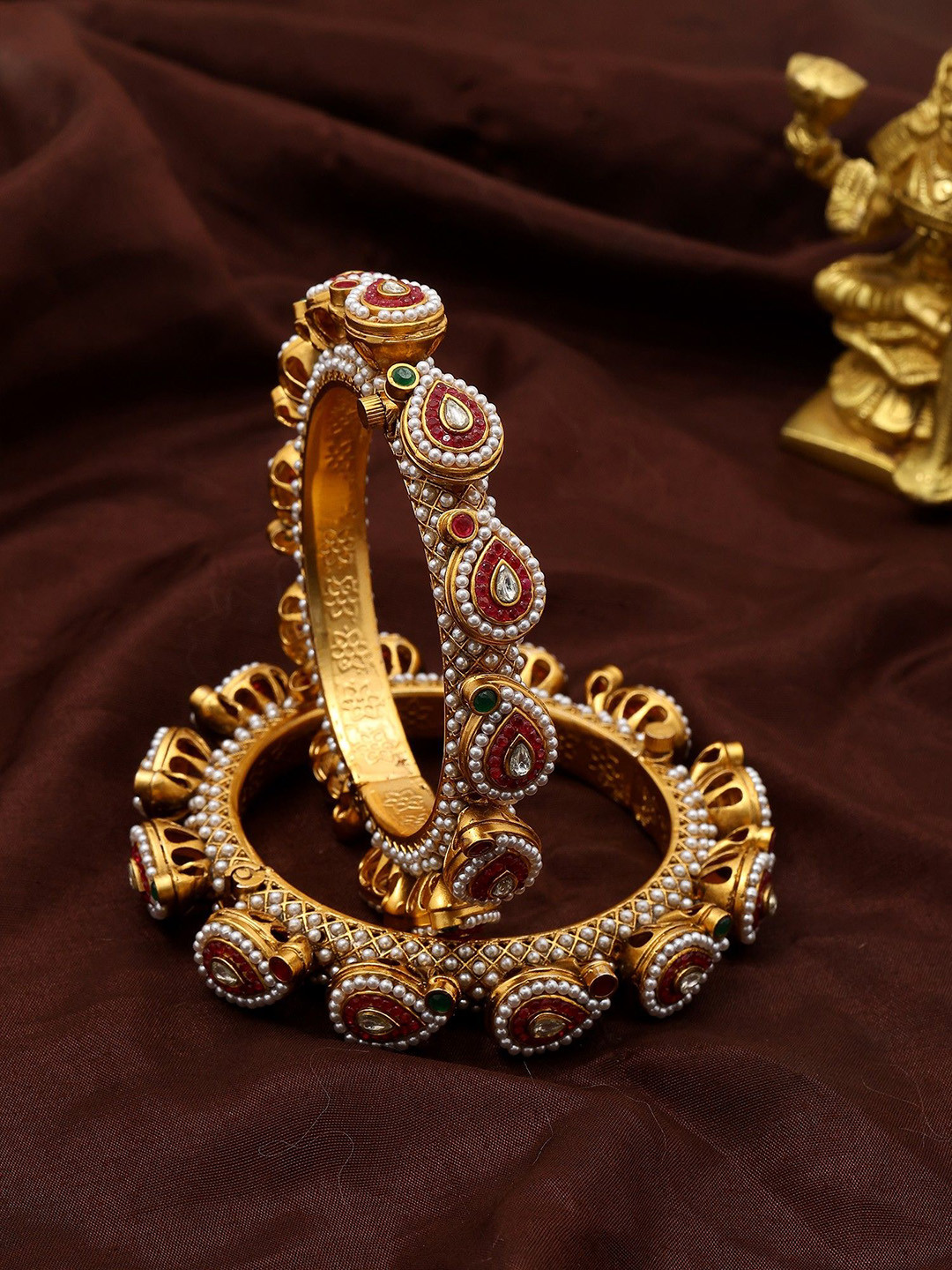 Exotic India Set Of 2 Copper Stone Studded & Beaded Pacheli Bangles In Copper