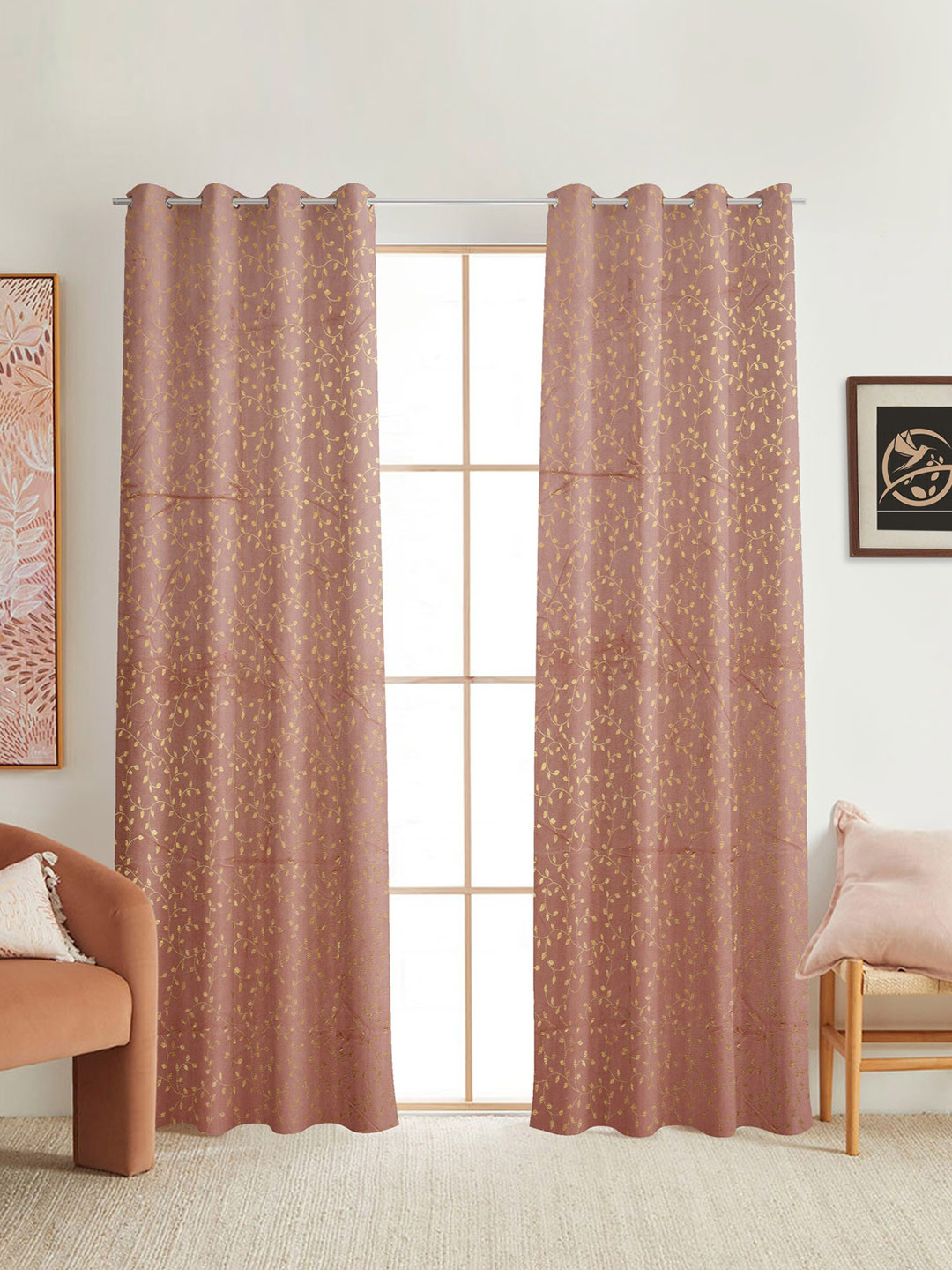 Galaxy Home Decor Rose Gold-Toned 2 Pieces Floral Printed Room Darkening Long Door Curtain