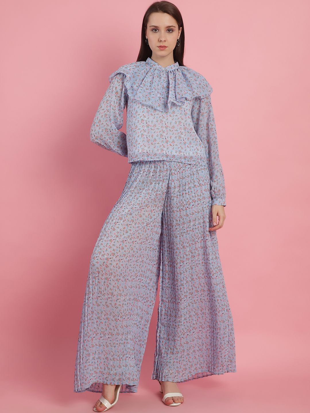 JAKANARY Floral Printed Frilled Top & Wide Leg Pleated Palazzo
