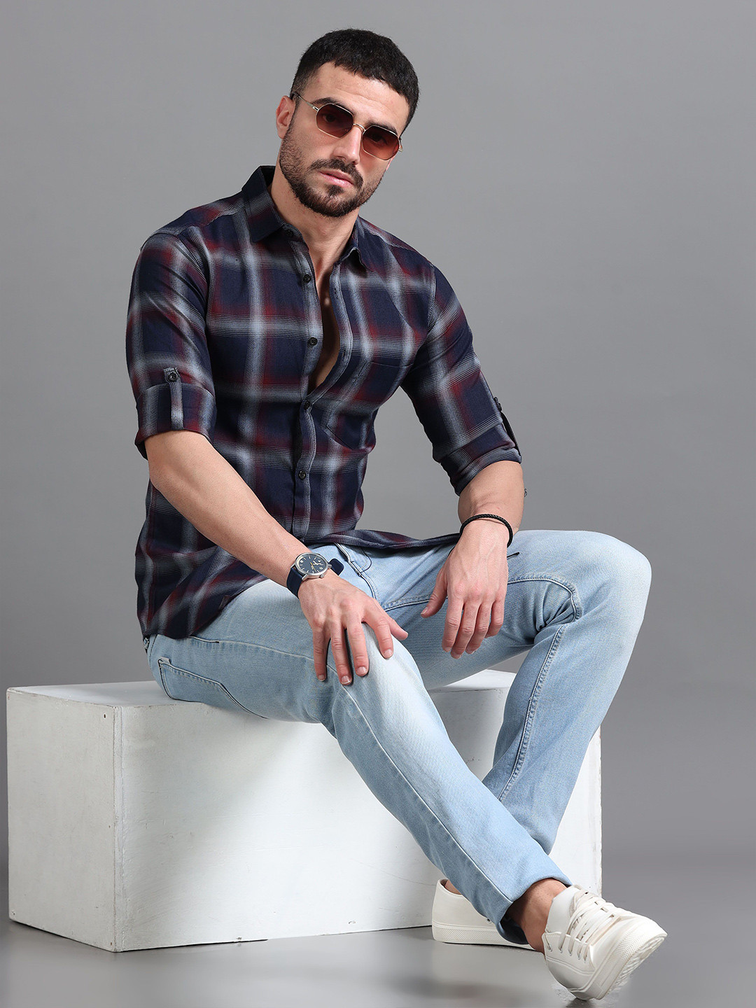 Provogue Men Straight Slim Fit Spread Collar Tartan Checked Cotton Casual Shirt